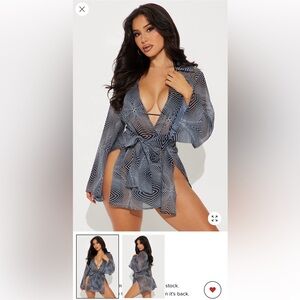 Fashion Nova Blue, Black and White Geometric Sheer bathing suit coverup